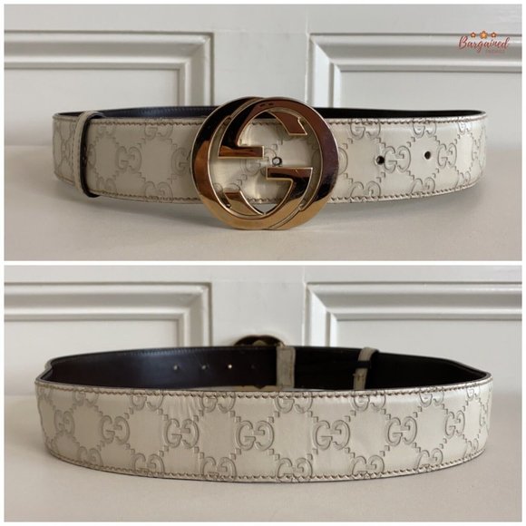 Authentic Gucci Cream Guccissima Leather Gold Interlocking G Buckle Belt 85/34 - Picture 5 of 13